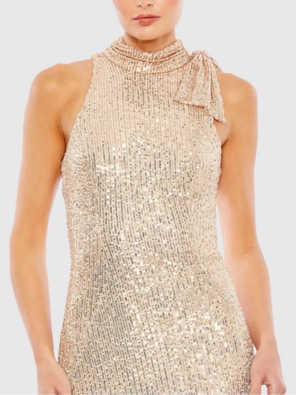 Ieena for Mac Duggal Elegant Rose Gold Sequin Halter Neck Evening Gown - Picture 2 of 8